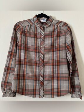 Vintage 80s College Town Plaid Blouse with Puffed Sleeves